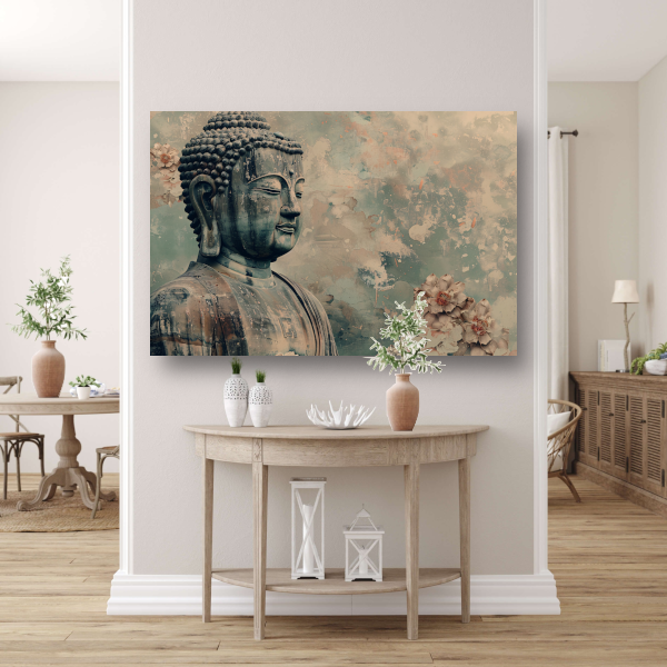 Serene Boeddha met bloemen in sepia canvas