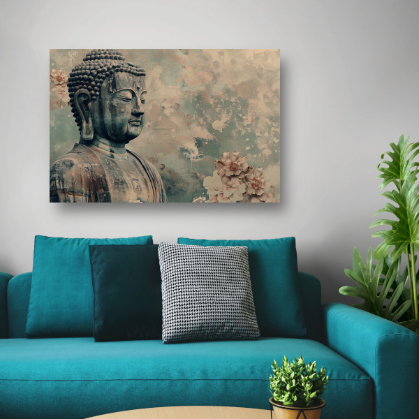 Serene Boeddha met bloemen in sepia canvas