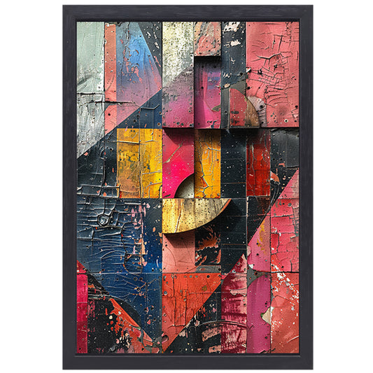 Abstract Kleurrijk Houten Collage canvas met baklijst