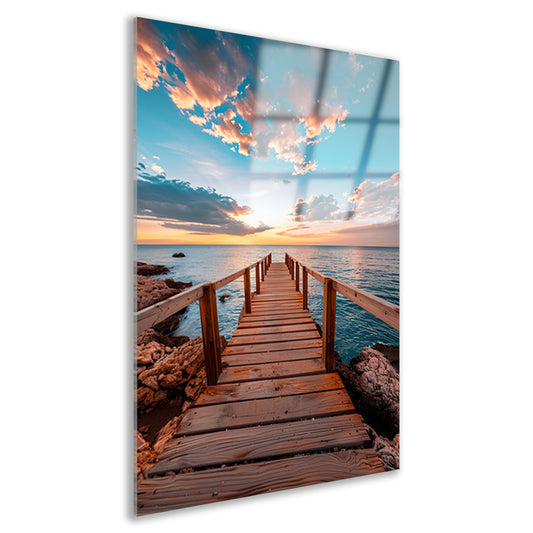 Houten steiger bij zonsondergang, rustgevend zeezicht acrylglas