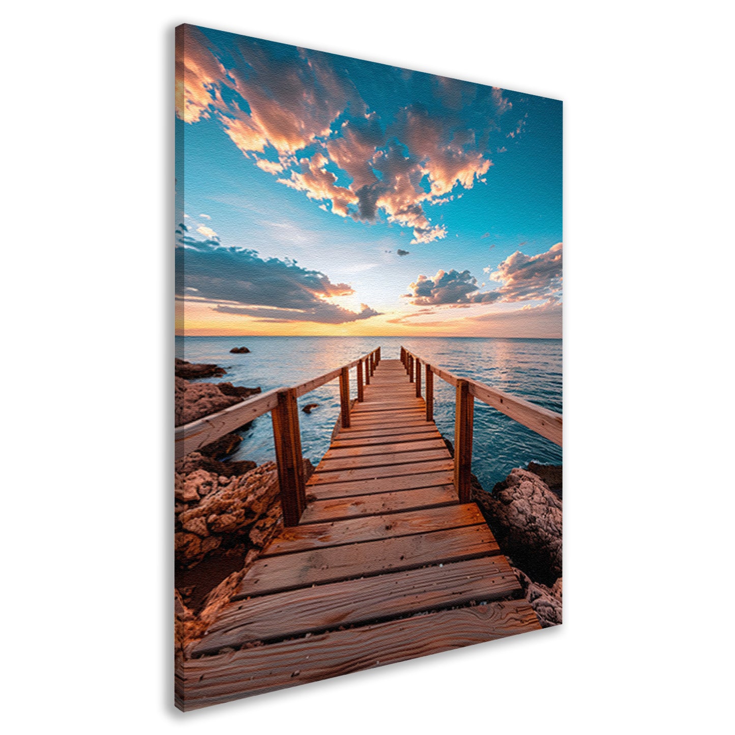 Houten steiger bij zonsondergang, rustgevend zeezicht canvas