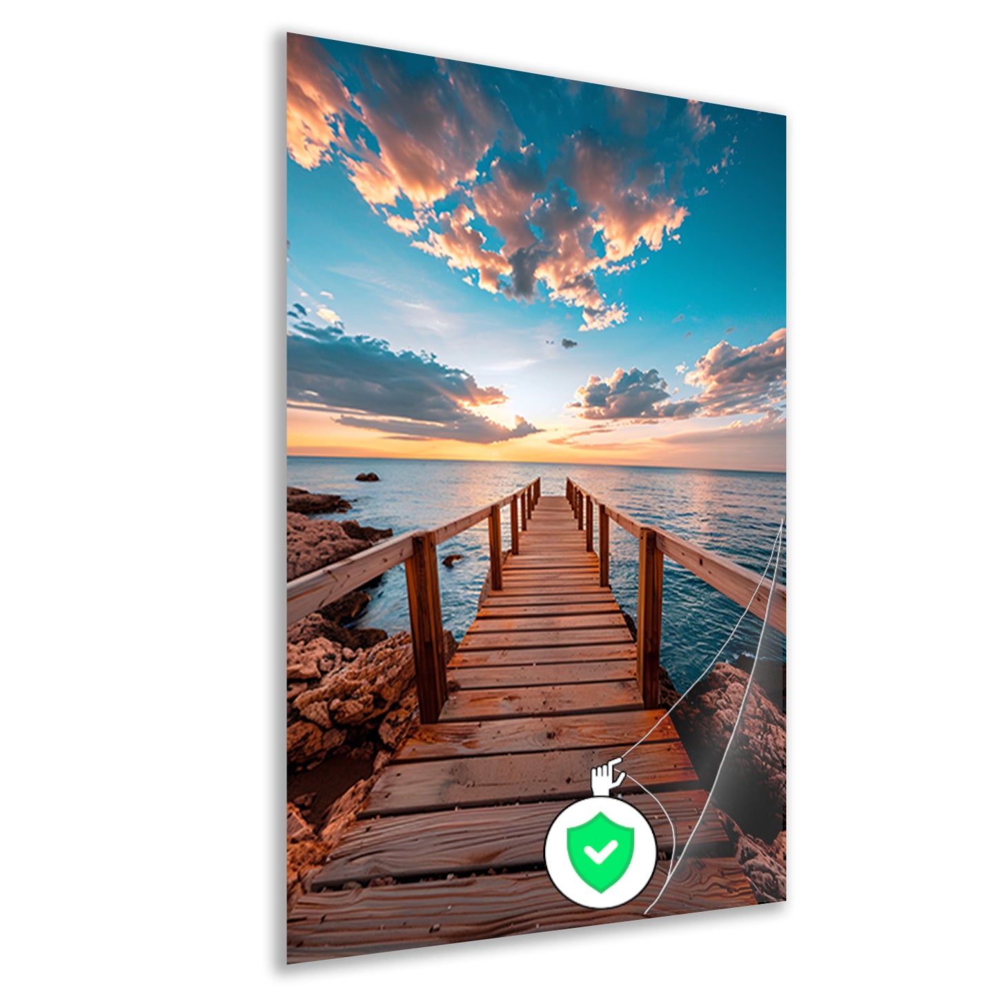Houten steiger bij zonsondergang, rustgevend zeezicht poster