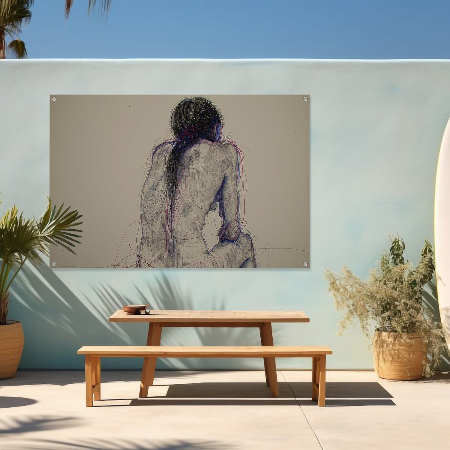 Abstracte vrouw in kleurrijke lijnen tuinposter