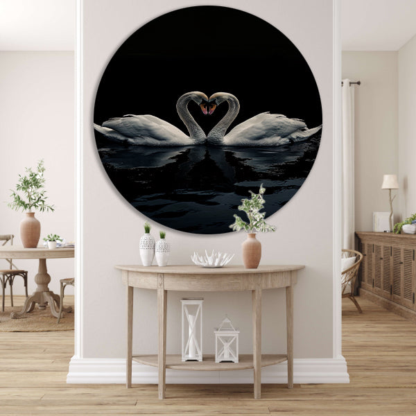 Twee zwanen in donkere reflectie aluminium muurcirkel