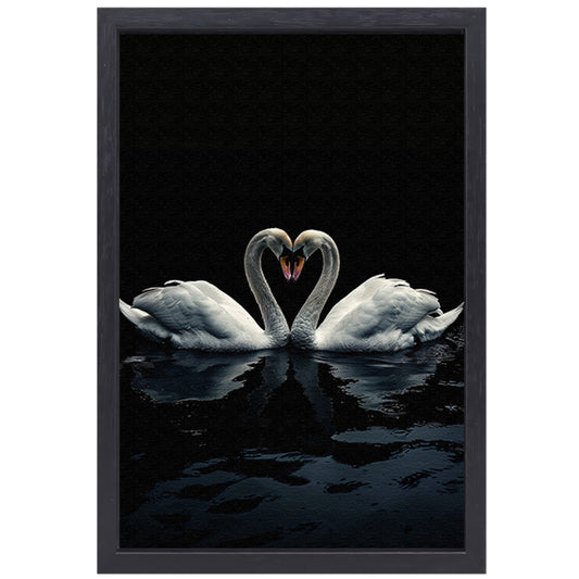 Twee zwanen in donkere reflectie canvas met baklijst