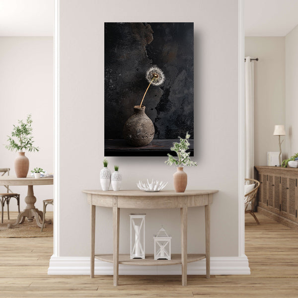 Gedroogde paardenbloem in oude vaas canvas