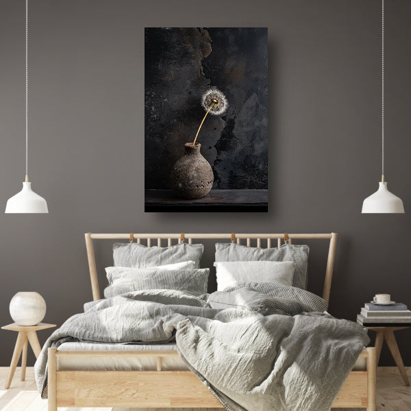 Gedroogde paardenbloem in oude vaas canvas