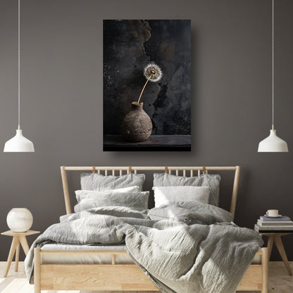 Gedroogde paardenbloem in oude vaas canvas