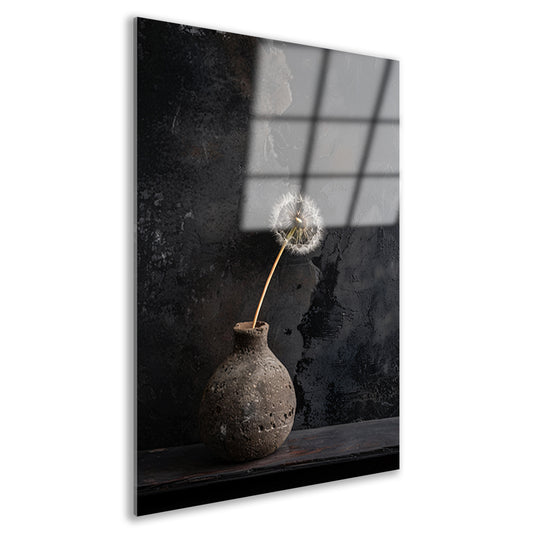 Gedroogde paardenbloem in oude vaas acrylglas