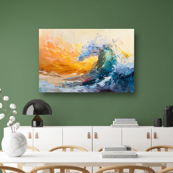 Abstract schilderij van een golf in zonsondergang canvas