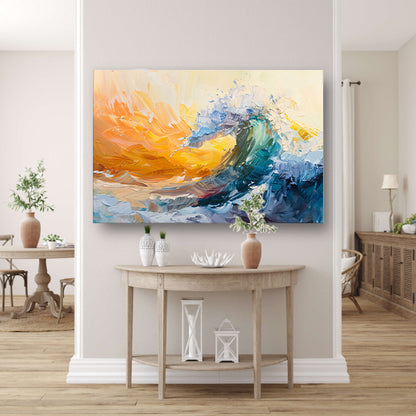 Abstract schilderij van een golf in zonsondergang canvas