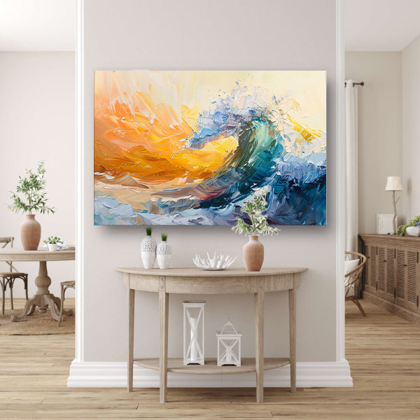 Abstract schilderij van een golf in zonsondergang acrylglas
