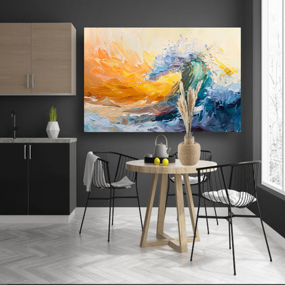 Abstract schilderij van een golf in zonsondergang canvas