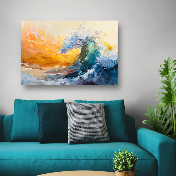 Abstract schilderij van een golf in zonsondergang canvas