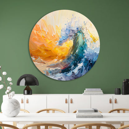 Abstract schilderij van een golf in zonsondergang aluminium muurcirkel