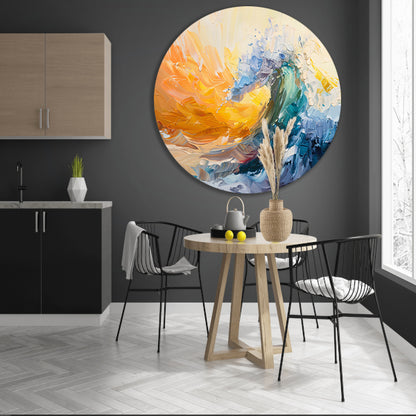 Abstract schilderij van een golf in zonsondergang aluminium muurcirkel