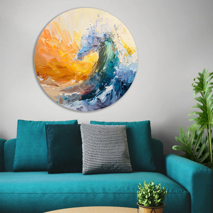 Abstract schilderij van een golf in zonsondergang aluminium muurcirkel