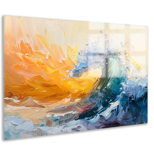 Abstract schilderij van een golf in zonsondergang acrylglas
