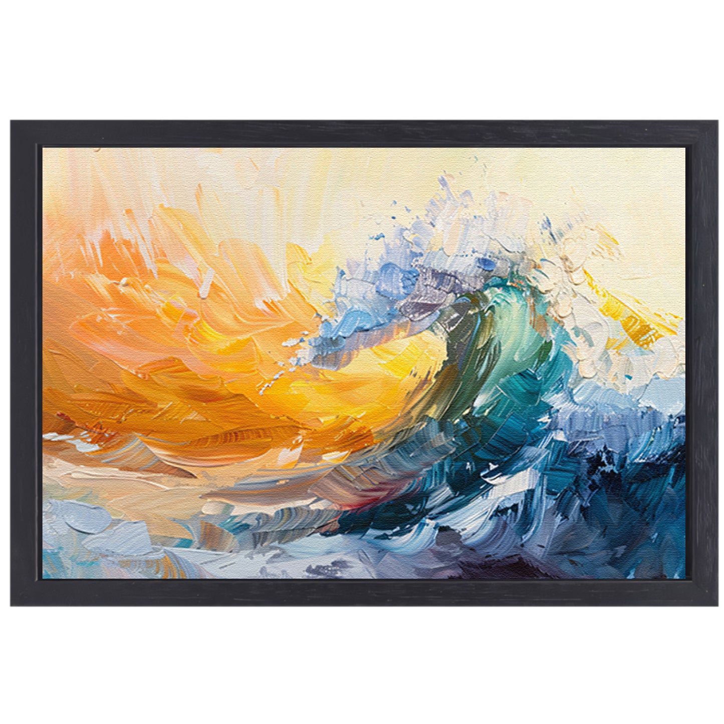 Abstract schilderij van een golf in zonsondergang canvas met baklijst