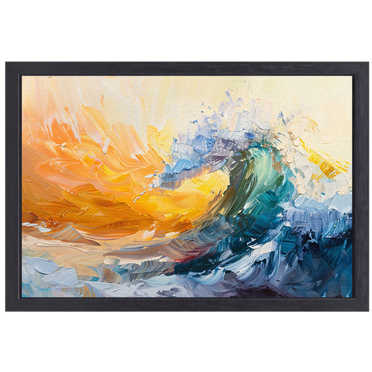 Abstract schilderij van een golf in zonsondergang canvas met baklijst