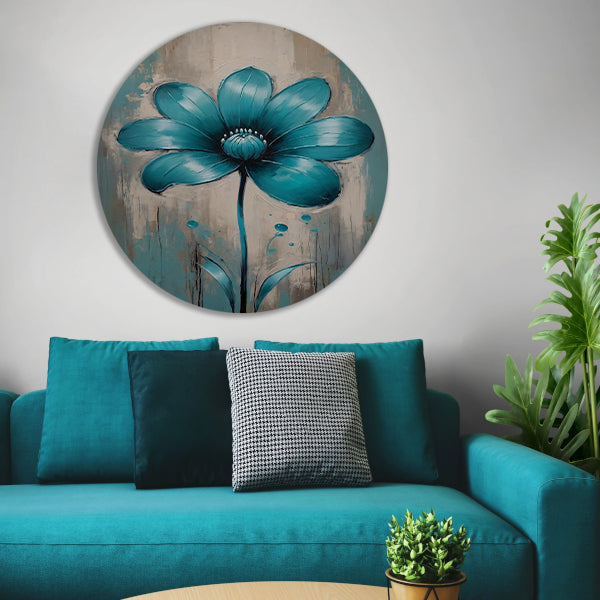 Turquoise Bloem op Beige Abstract Achtergrond aluminium muurcirkel