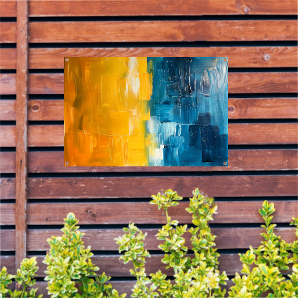 Abstract schilderij met geel en blauw tuinposter