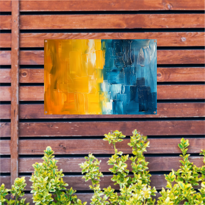 Abstract schilderij met geel en blauw tuinposter