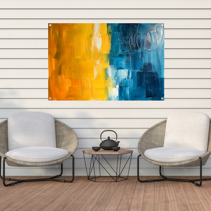 Abstract schilderij met geel en blauw tuinposter