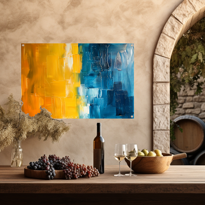 Abstract schilderij met geel en blauw tuinposter