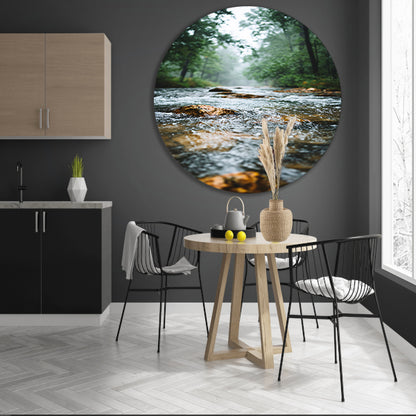 Monochrome foto van kabbelende rivier in bos aluminium muurcirkel
