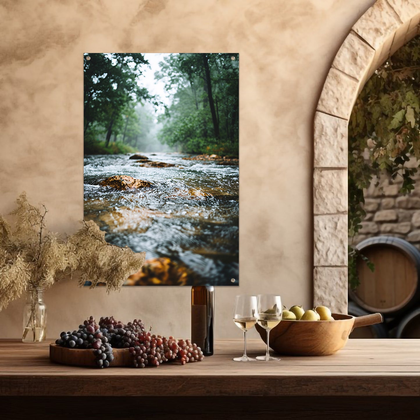 Monochrome foto van kabbelende rivier in bos tuinposter