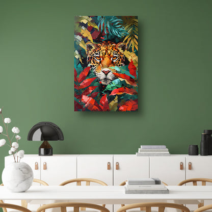 Abstract schilderij van jaguar in kleurrijke jungle poster