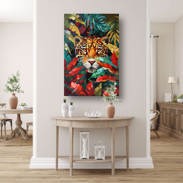 Abstract schilderij van jaguar in kleurrijke jungle poster