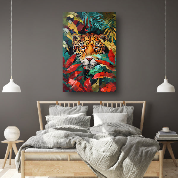 Abstract schilderij van jaguar in kleurrijke jungle poster