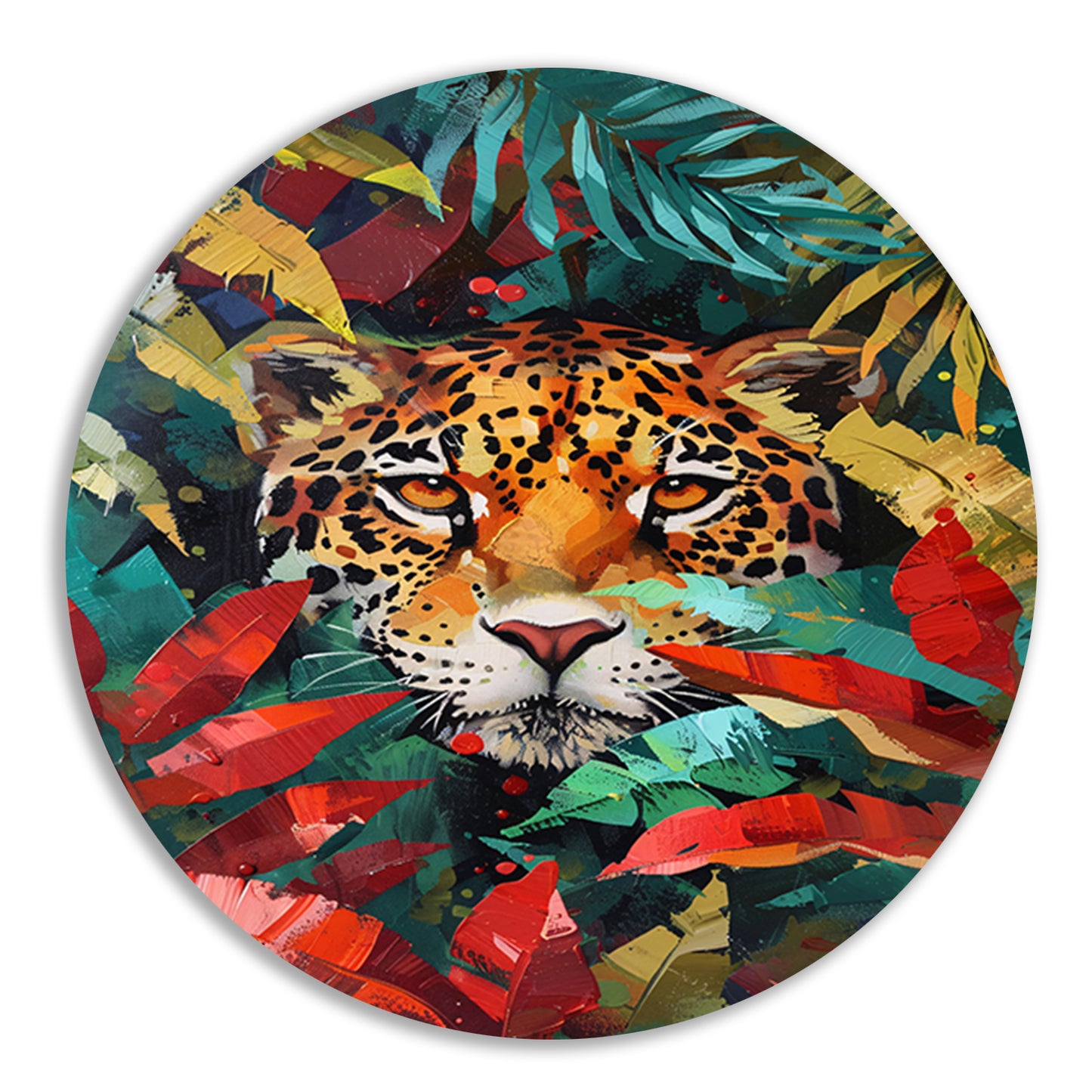 Abstract schilderij van jaguar in kleurrijke jungle aluminium muurcirkel