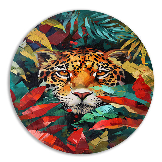 Abstract schilderij van jaguar in kleurrijke jungle aluminium muurcirkel