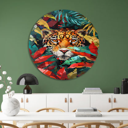 Abstract schilderij van jaguar in kleurrijke jungle aluminium muurcirkel
