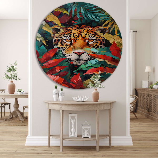 Abstract schilderij van jaguar in kleurrijke jungle aluminium muurcirkel