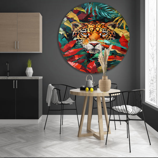 Abstract schilderij van jaguar in kleurrijke jungle aluminium muurcirkel