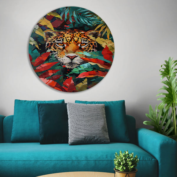 Abstract schilderij van jaguar in kleurrijke jungle aluminium muurcirkel