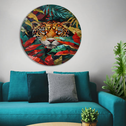 Abstract schilderij van jaguar in kleurrijke jungle aluminium muurcirkel