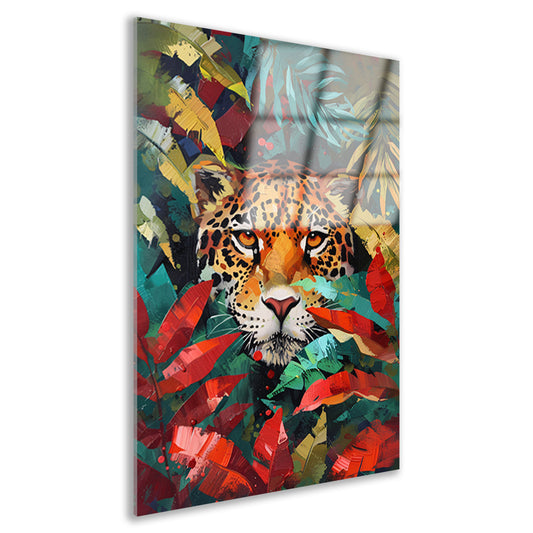 Abstract schilderij van jaguar in kleurrijke jungle acrylglas