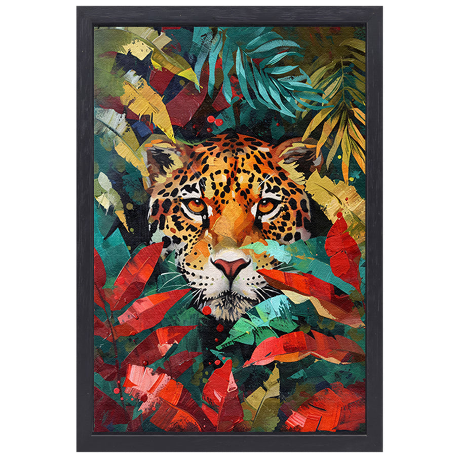 Abstract schilderij van jaguar in kleurrijke jungle canvas met baklijst