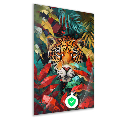 Abstract schilderij van jaguar in kleurrijke jungle poster