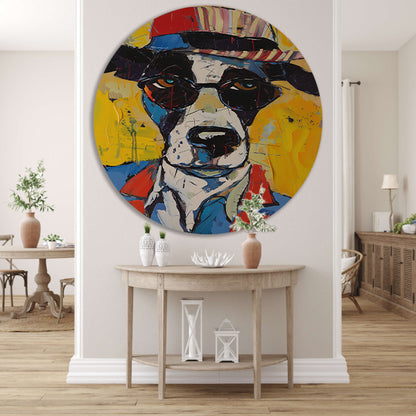 Pop Art Hond met Zonnebril en Hoed aluminium muurcirkel