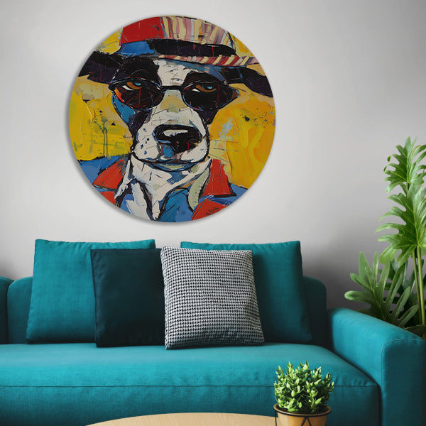 Pop Art Hond met Zonnebril en Hoed aluminium muurcirkel