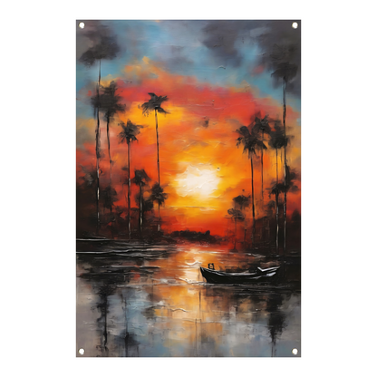 Zonsondergang reflectie en eenzame boot tuinposter