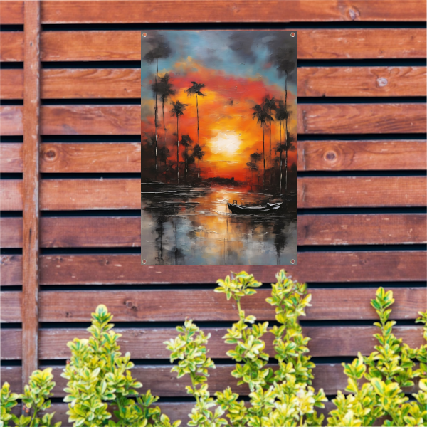 Zonsondergang reflectie en eenzame boot tuinposter
