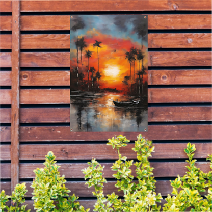 Zonsondergang reflectie en eenzame boot tuinposter