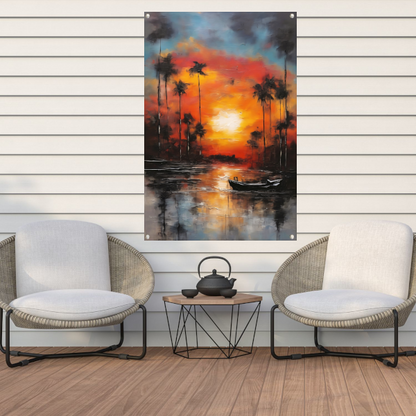 Zonsondergang reflectie en eenzame boot tuinposter